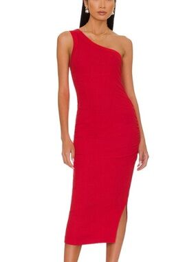 Michael Stars One-Shoulder Salsa Red Ribbed Midi Dress, Large